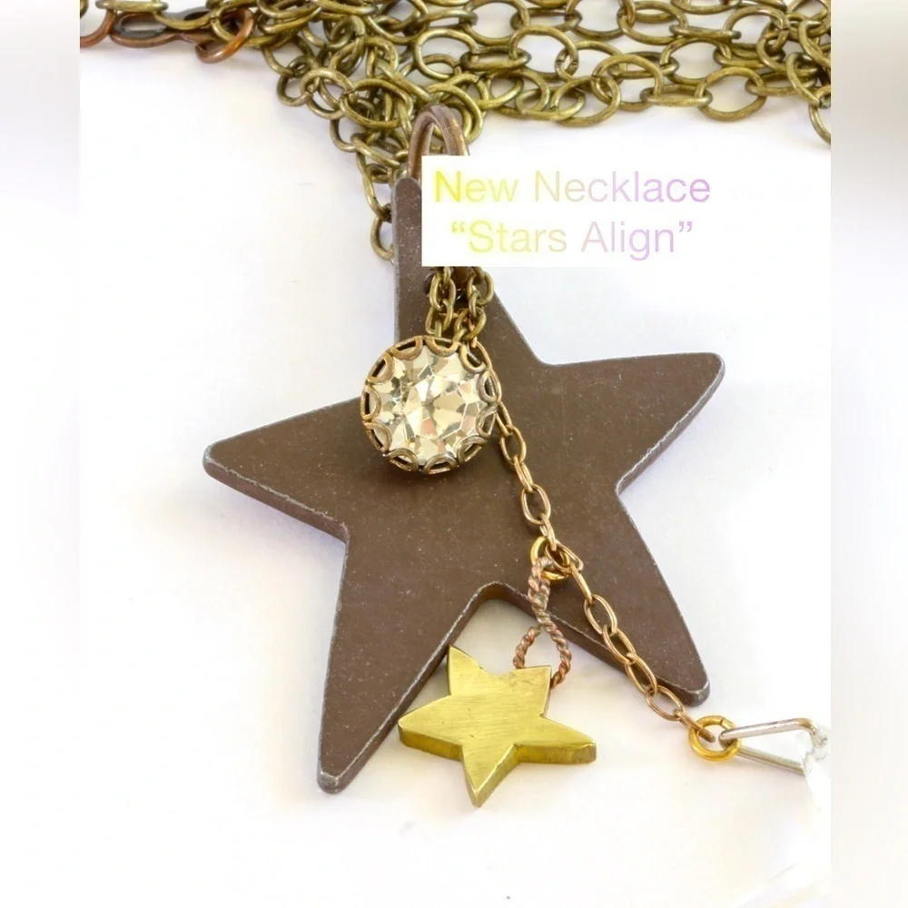 Handmade Bronze Star Statement Necklace | Brass Star Accent | Adjustable 31” - Picture 2 of 7